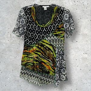 Feratelli Artsy Short Sleeve Tunic Asymmetrical Flowy Boho Blouse Top Women's XL